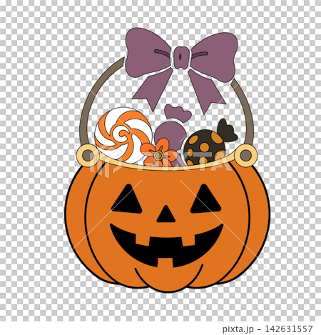 A color illustration of a jack-o'-lantern shaped Halloween basket filled with candy. A color illustration of a jack-o'-lantern shaped Halloween basket filled with candy. 142631557