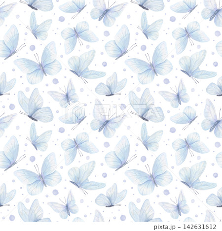 Delicate pastel blue butterflies and small lilac dots seamless watercolor pattern on isolated background. Soft insect ornate for baby shower nursery design, textile printing, wedding stationery. Delicate pastel blue butterflies and small lilac dots seamless watercolor pattern on isolated background. Soft insect ornate for baby shower nursery design, textile printing, wedding stationery. 142631612