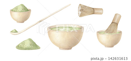 matcha tea elements with ceramic bowl, bamboo whisk and scoop, green tea powder watercolor illustration on isolated background. Japanese tea ceremony collection for Zen stationery, cafe menu matcha tea elements with ceramic bowl, bamboo whisk and scoop, green tea powder watercolor illustration on isolated background. Japanese tea ceremony collection for Zen stationery, cafe menu 142631613