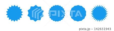 Circle blue stickers. Set of Wavy edge promo badges. Star burst shape tags for price. Blank sale flat stickers. Vintage labels layouts. Simple silhouettes. Graphic illustration.  142631943