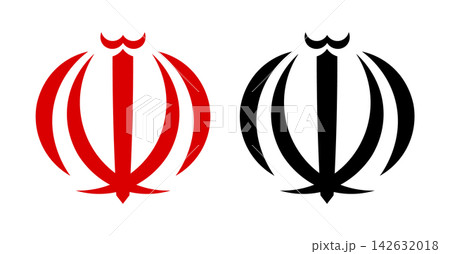 Set of Iran national emblem red, black flat icon, sticker. Iranian Nishan Rasmi outline logos. Islamic Republic of Iran silhouette badge, button. 142632018