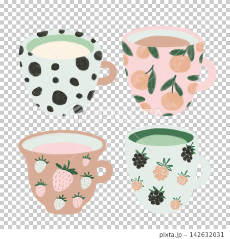 Cute Cozy Ceramic Mugs with Berry Fruit Tea Milk Hand Drawn Illustration Set Cute Cozy Ceramic Mugs with Berry Fruit Tea Milk Hand Drawn Illustration Set 142632031