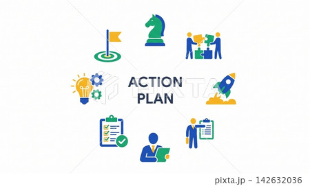 Action plan infographic with business icons on a white background 142632036