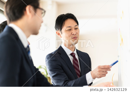 ホワイトボードを使って打合せをする3人のスーツ姿の男性 ホワイトボードを使って打合せをする3人のスーツ姿の男性 142632129