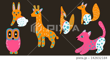 Cartoon Cute Alebrije Colorful animals Isolated, owl, girafe, conejo, zorro, jaguar colorful bright vector graphic. 142632184