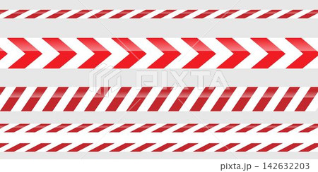 Set of red, white warning restriction or forbidden area tape, no entry, area under contruction, traffic accident, crime. Vector flat Set of red, white warning restriction or forbidden area tape, no entry, area under contruction, traffic accident, crime. Vector flat 142632203