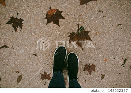 Person in dark green shoes stands among fallen autumn leaves on a paved path, creating a calm seasonal scene about walking, nature, leisure and urban life in the city. A top view shows a woman. 142632327