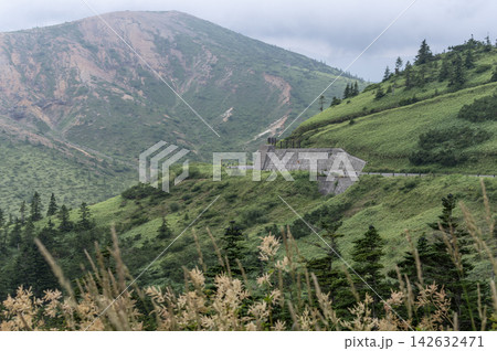 緑覆う山肌と山腹を走る国道292号線の展望駐車場からの雄大な山岳風景 142632471