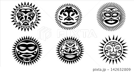 SEt of maori sun, circular Polynesian Maori tribal tattoo in black and white,traditional ornaments with tiki faces and sun symbolism, perfect for shoulder, arm, chest, or back body art 142632809