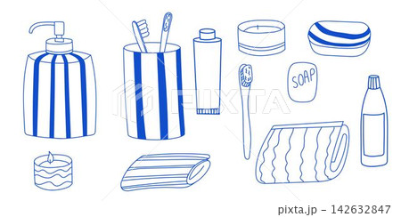 Doodle set with bath accessories. Linear blue illustration of bucket, soap, towels, shampoo and candle, toothbrush, toothpaste, shampo and other element Doodle set with bath accessories. Linear blue illustration of bucket, soap, towels, shampoo and candle, toothbrush, toothpaste, shampo and other element 142632847