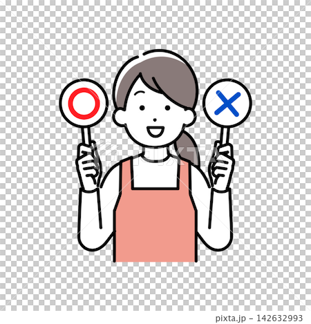 An illustration of a woman wearing an apron and holding panels with circles and crosses. 142632993