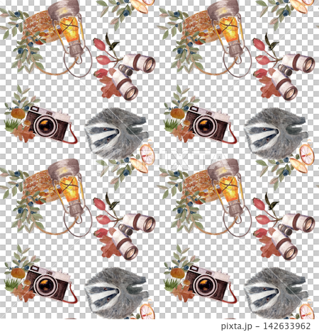 Badger, vintage lantern, binoculars, retro camera, leaves, berries seamless watercolor pattern with on white. Cozy woodland exploration design, perfect for fabric prints, stationery, gift wrap, autumn Badger, vintage lantern, binoculars, retro camera, leaves, berries seamless watercolor pattern with on white. Cozy woodland exploration design, perfect for fabric prints, stationery, gift wrap, autumn 142633962