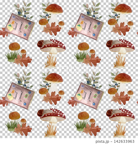 Travel journal, mushrooms, oak leaves, blueberry branches watercolor seamless pattern isolated on white. Hand-painted autumn design ideal for fabric, stickers, wrapping paper, seasonal stationery Travel journal, mushrooms, oak leaves, blueberry branches watercolor seamless pattern isolated on white. Hand-painted autumn design ideal for fabric, stickers, wrapping paper, seasonal stationery 142633963