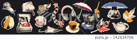 Retro autumn collage stickers set with umbrellas, rubber boots and fall leaves. Halftone cut out pumpkin, scarf, teacup, headphones and record player elements with playful cozy doodles Vector isolated Retro autumn collage stickers set with umbrellas, rubber boots and fall leaves. Halftone cut out pumpkin, scarf, teacup, headphones and record player elements with playful cozy doodles Vector isolated 142634706