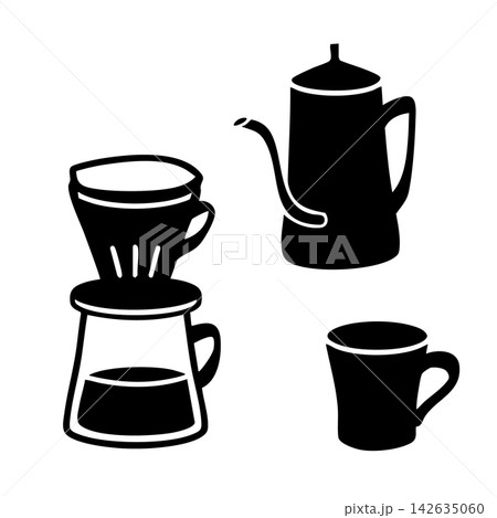 コーヒーを淹れる シンプルモノクロイラスト 黒セット コーヒーを淹れる シンプルモノクロイラスト 黒セット 142635060