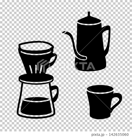 コーヒーを淹れる シンプルモノクロイラスト 黒セット コーヒーを淹れる シンプルモノクロイラスト 黒セット 142635060