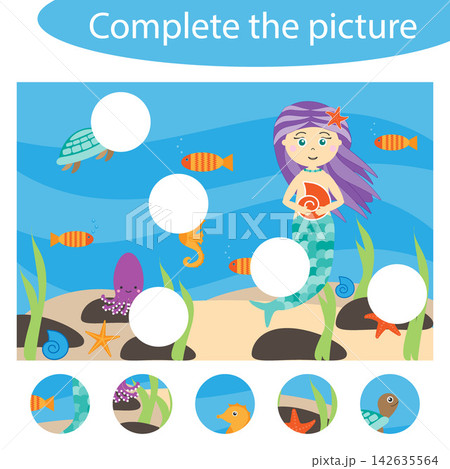 Complete the puzzle and find the missing parts of the picture, ocean, fun education game for children, preschool worksheet activity for kids, task for the development of logical thinking, vector 142635564