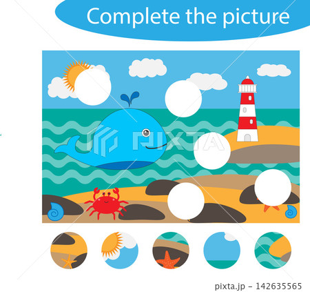 Complete the puzzle and find the missing parts of the picture, ocean life, fun education game for children, preschool worksheet activity for kids, task for the development of logical thinking, vector 142635565