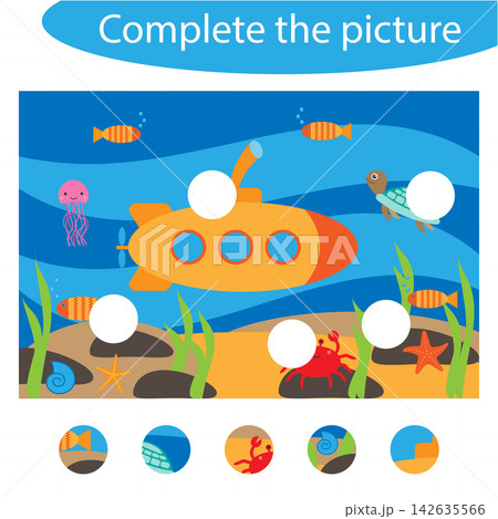 Complete the puzzle and find the missing parts of the picture, underwater, fun education game for children, preschool worksheet activity for kids, task for the development of logical thinking, vector 142635566