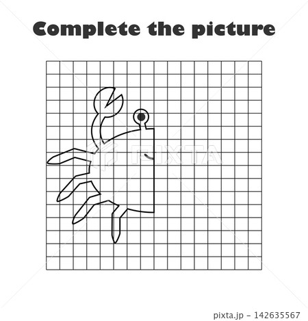 Complete the picture, black white cartoon crab, drawing skills training, easter educational game for the development of children, kids preschool activity, printable worksheet, vector illustration 142635567