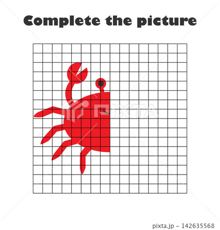 Complete the picture, crab in cartoon style, drawing skills training, educational paper game for the development of children, kids preschool activity, printable worksheet, vector illustration 142635568