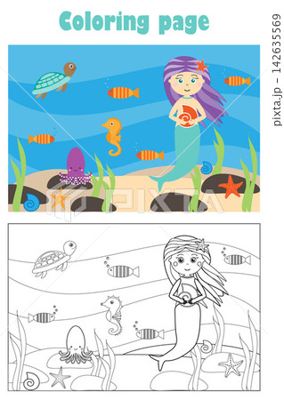 Mermaid under water in cartoon style, summer coloring page, education paper game for the development of children, kids preschool activity, printable worksheet, vector illustration 142635569