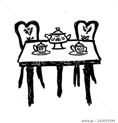 Hand Drawn Tea Table with Chairs Vector Illustration 142635594