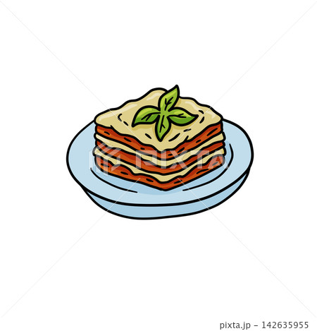 Lasagna doodle, layered pasta slice sketch with red sauce and green basil leaves on plate, italian food icon. Tasty dish contour in simple cartoon style, warm meal. Lasagna doodle sign 142635955