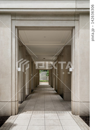 a grand stone colonnade featuring perfect perspective symmetry and refined modern minimalism. The clean limestone pillars create a rhythmic corridor, bathed in soft ambient light that leads the a grand stone colonnade featuring perfect perspective symmetry and refined modern minimalism. The clean limestone pillars create a rhythmic corridor, bathed in soft ambient light that leads the 142636306