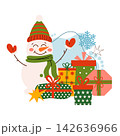 Cute Christmas illustration of a smiling snowman wearing a striped hat and scarf, surrounded by wrapped gift boxes, a blue snowflake, and holiday stars on a clean white background. Cute Christmas illustration of a smiling snowman wearing a striped hat and scarf, surrounded by wrapped gift boxes, a blue snowflake, and holiday stars on a clean white background. 142636966