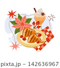 Festive Christmas dinner illustration with grilled chicken legs on a plate, a holiday latte drink with whipped cream, a red poinsettia flower, rosehips, and stars on a white background. Festive Christmas dinner illustration with grilled chicken legs on a plate, a holiday latte drink with whipped cream, a red poinsettia flower, rosehips, and stars on a white background. 142636967