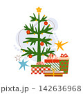 Festive Christmas tree illustration decorated with red baubles and a yellow star top, surrounded by wrapped gift boxes and decorative holiday stars isolated on a white background. Festive Christmas tree illustration decorated with red baubles and a yellow star top, surrounded by wrapped gift boxes and decorative holiday stars isolated on a white background. 142636968