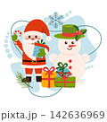 Cute Christmas illustration featuring Santa Claus holding a gift and candy cane next to a snowman in a green hat, surrounded by wrapped holiday presents and a blue snowflake. Cute Christmas illustration featuring Santa Claus holding a gift and candy cane next to a snowman in a green hat, surrounded by wrapped holiday presents and a blue snowflake. 142636969