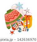 Cozy winter illustration featuring a patterned red and green Christmas sweater, warm knit socks, and a yellow wrapped gift box paired with decorative snowflakes and stars. Cozy winter illustration featuring a patterned red and green Christmas sweater, warm knit socks, and a yellow wrapped gift box paired with decorative snowflakes and stars. 142636970