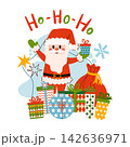 Cute Christmas scene illustration of Santa Claus with Ho-Ho-Ho text, surrounded by a big sack and colorful wrapped gift boxes, decorative stars, and a blue snowflake on a white background. Cute Christmas scene illustration of Santa Claus with Ho-Ho-Ho text, surrounded by a big sack and colorful wrapped gift boxes, decorative stars, and a blue snowflake on a white background. 142636971
