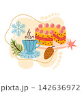 Christmas scene. Cozy winter illustration featuring a sliced yellow berry cake on a platter, a steaming blue cup of hot drink, a pine cone, an evergreen branch. Christmas scene. Cozy winter illustration featuring a sliced yellow berry cake on a platter, a steaming blue cup of hot drink, a pine cone, an evergreen branch. 142636972