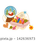 Festive Christmas illustration featuring a snow globe with a winter house next to an open cardboard box filled with colorful holiday baubles, a star cookie, and decorative shapes. Festive Christmas illustration featuring a snow globe with a winter house next to an open cardboard box filled with colorful holiday baubles, a star cookie, and decorative shapes. 142636973