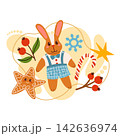 Cute Christmas scene illustration featuring a cartoon rabbit in blue overalls, surrounded by a smiling gingerbread star, candy cane, red winter berries, a snowflake, and a holiday star. Cute Christmas scene illustration featuring a cartoon rabbit in blue overalls, surrounded by a smiling gingerbread star, candy cane, red winter berries, a snowflake, and a holiday star. 142636974