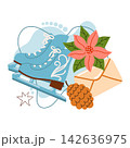 Cozy winter illustration featuring light blue ice skates paired with a pink poinsettia flower, a craft paper envelope, a brown pinecone, and festive stars isolated on a white background. Cozy winter illustration featuring light blue ice skates paired with a pink poinsettia flower, a craft paper envelope, a brown pinecone, and festive stars isolated on a white background. 142636975