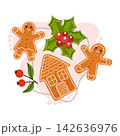 Festive Christmas illustration featuring smiling gingerbread men and a cookie house paired with green holly leaves, vibrant red berries, and delicate winter rosehips. Festive Christmas illustration featuring smiling gingerbread men and a cookie house paired with green holly leaves, vibrant red berries, and delicate winter rosehips. 142636976