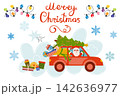 Merry Christmas vector greeting card banner featuring Santa Claus driving a red car loaded with a Christmas tree and gifts, with hanging colorful lights and snowflakes on a white background. Merry Christmas vector greeting card banner featuring Santa Claus driving a red car loaded with a Christmas tree and gifts, with hanging colorful lights and snowflakes on a white background. 142636977