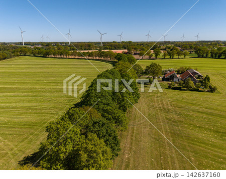 High angle wide horizontal aerial drone photograph of wind turbines, traditional farmstead, tree lines, and green pastures in rural Gelderland, Achterhoek, Netherlands on sunny spring day 142637160
