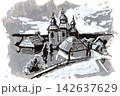 Hand-drawn watercolor and ink illustration of a snow-covered historic church and village surrounded Hand-drawn watercolor and ink illustration of a snow-covered historic church and village surrounded 142637629