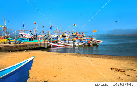 A harbor for small fishing vessels in Karnataka, India (or Kerala, Maharashtra, Goa). Unrecognizable fishermen (motion blur) in the distance on moored fishing boats. Numerous small brahminy kites fly A harbor for small fishing vessels in Karnataka, India (or Kerala, Maharashtra, Goa). Unrecognizable fishermen (motion blur) in the distance on moored fishing boats. Numerous small brahminy kites fly 142637640