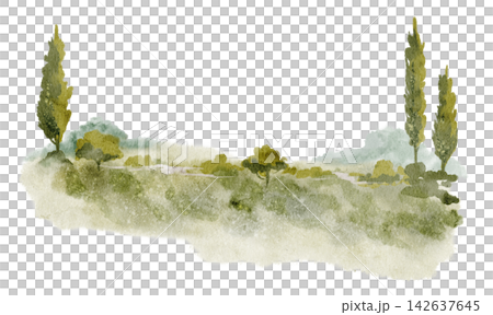Mediterranean landscape watercolor illustration with cypress trees and soft countryside scenery isolated on background. Italian and Tuscan fields clipart for rural and travel designs. 142637645