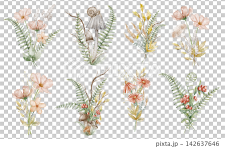 Autumn bouquet watercolor illustration set with wildflowers, grasses, ferns and seasonal foliage isolated on background. Botanical fall clipart collection for harvest and floral designs. Autumn bouquet watercolor illustration set with wildflowers, grasses, ferns and seasonal foliage isolated on background. Botanical fall clipart collection for harvest and floral designs. 142637646