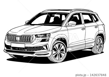 Modern orange SUV car isolated on white background, front three-quarter view, contemporary crossover for automotive advertising and marketing mockup 142637848