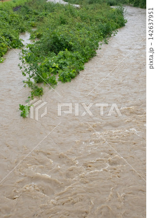 大雨で増水した濁った川の流れ 大雨で増水した濁った川の流れ 142637951