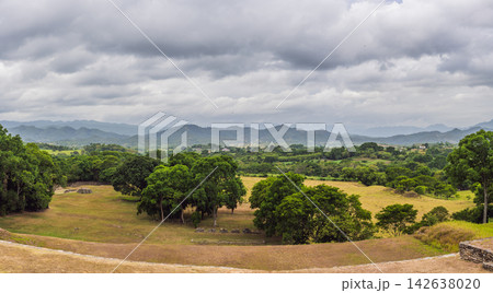 Panoramic view showing Tonina archaeological site and the tall Maya pyramid terraces in Chiapas Mexico with pre Hispanic history stone walls cultural heritage Mexican archaeology and natural. Panoramic view showing Tonina archaeological site and the tall Maya pyramid terraces in Chiapas Mexico with pre Hispanic history stone walls cultural heritage Mexican archaeology and natural. 142638020