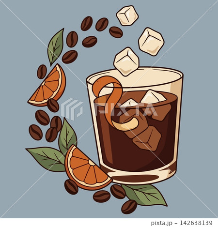 vector illustration of iced coffee glass with orange slice, coffee beans, and sugar cubes isolated on grey background, cafe drink banner vector illustration of iced coffee glass with orange slice, coffee beans, and sugar cubes isolated on grey background, cafe drink banner 142638139